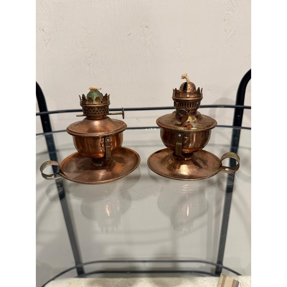 Vintage Pair Miniature Copper Oil Lamps Rustic Farmhouse Decor Finger Saucer